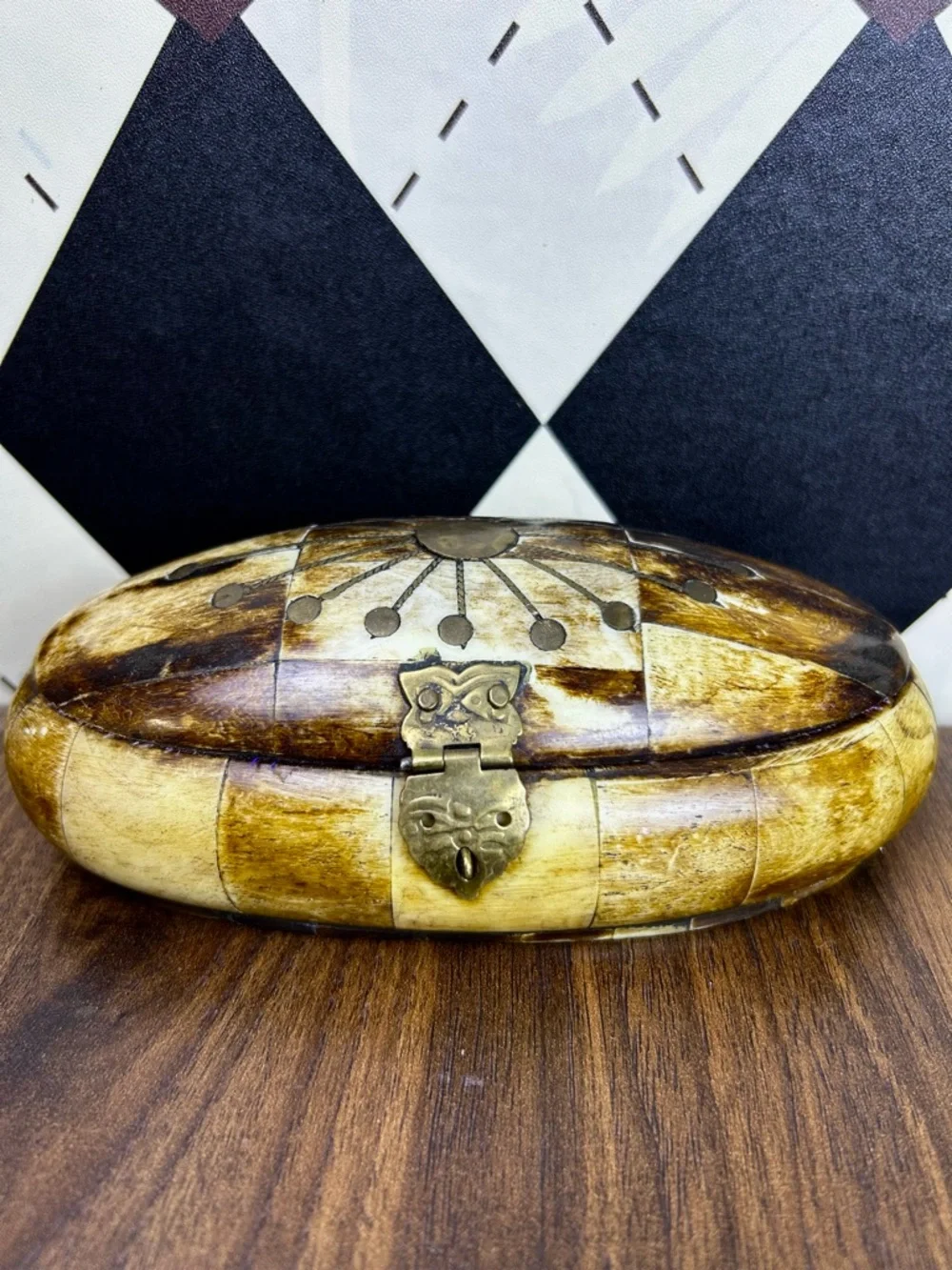 Vintage Bovine Bone Trinket Box Brass‎ Inlay Jewelry Box Collectible Carmel Bone